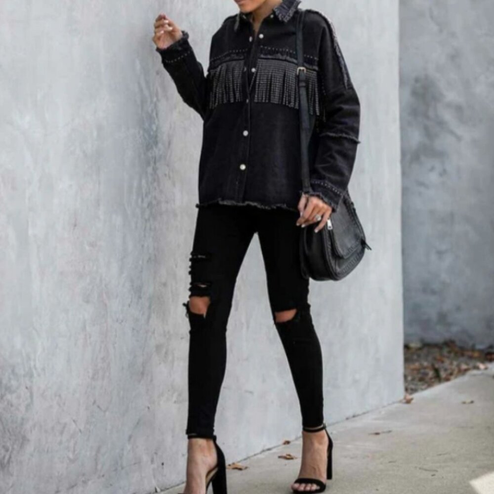 Black Studded Fringe Shacket - Picture 6 of 6